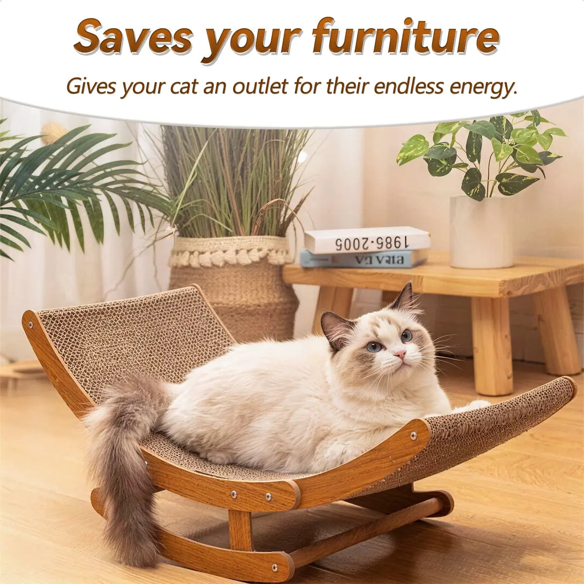 Aesthetic Boho Rocking Cat Scratcher Bed for Indoor Cats, Curved Cat Scratcher Lounge Chair with Solid Wood Frame, 2‑In‑1 Scratching & Rocking Function,Calming Anti-Anxiety Cat Rocker Chair,Non-Shedding, Comfy Cat Bed for Medium Large Cats Kittens