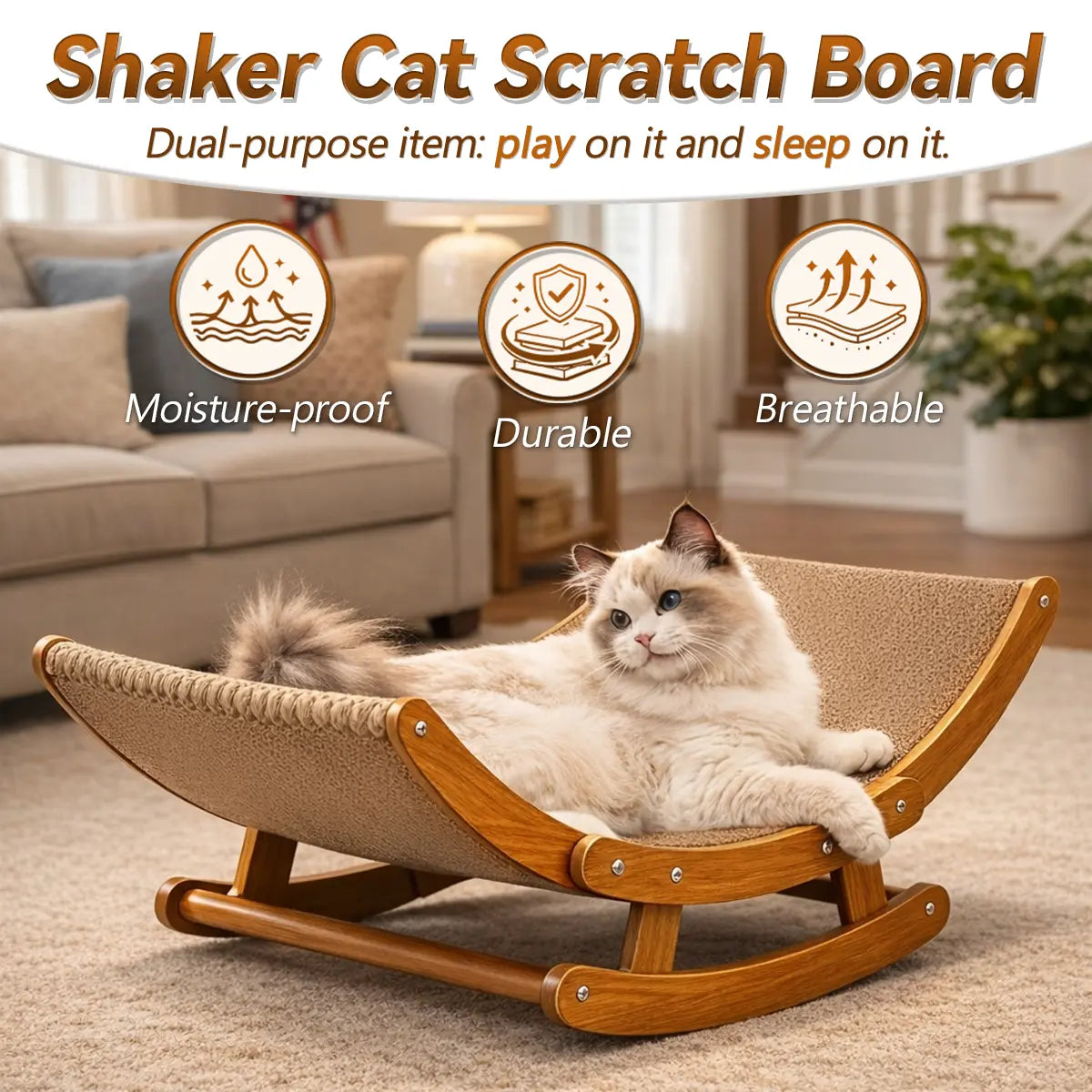 Aesthetic Boho Rocking Cat Scratcher Bed for Indoor Cats, Curved Cat Scratcher Lounge Chair with Solid Wood Frame, 2‑In‑1 Scratching & Rocking Function,Calming Anti-Anxiety Cat Rocker Chair,Non-Shedding, Comfy Cat Bed for Medium Large Cats Kittens