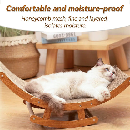 Aesthetic Boho Rocking Cat Scratcher Bed for Indoor Cats, Curved Cat Scratcher Lounge Chair with Solid Wood Frame, 2‑In‑1 Scratching & Rocking Function,Calming Anti-Anxiety Cat Rocker Chair,Non-Shedding, Comfy Cat Bed for Medium Large Cats Kittens