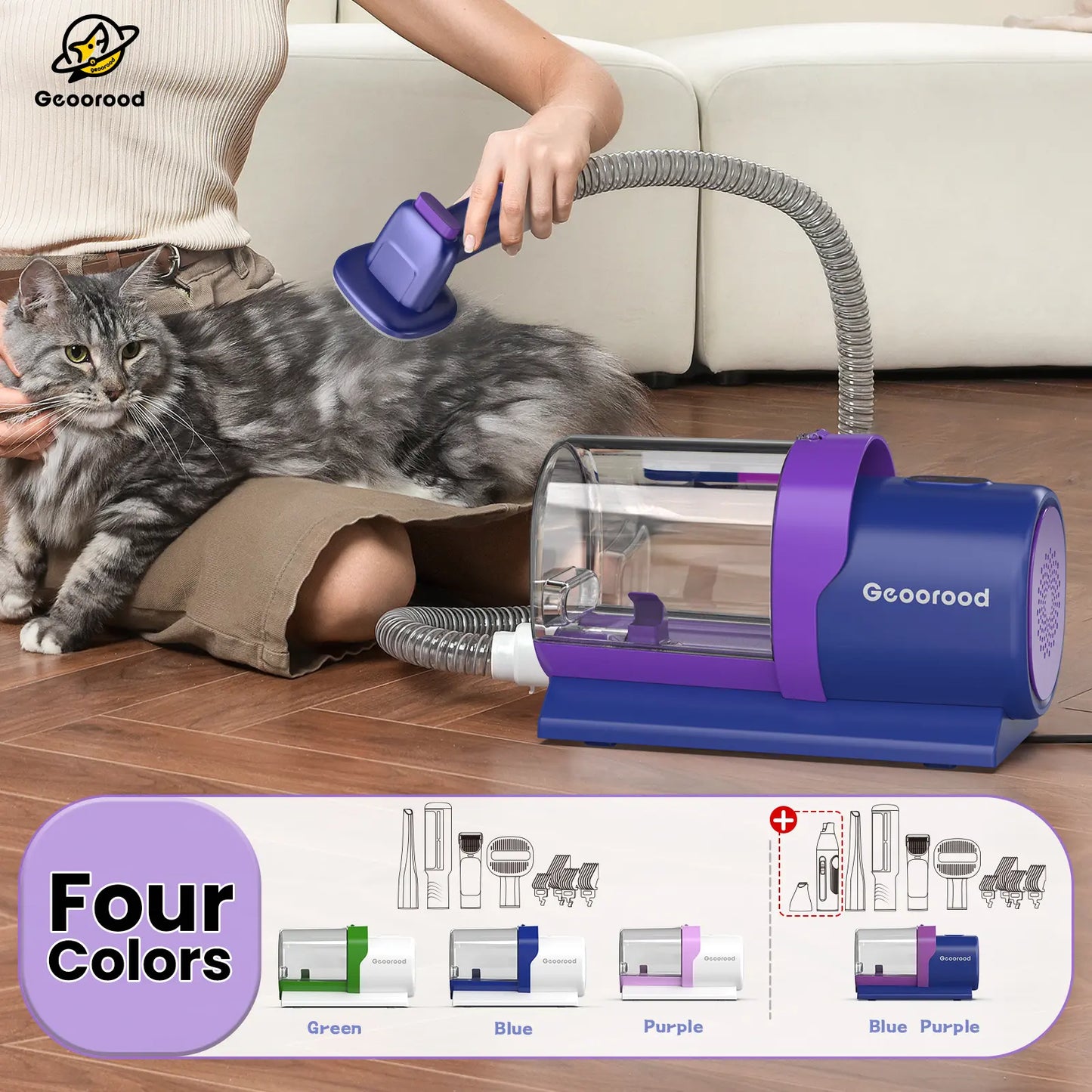 Geoorood All-In-One Dog Grooming Kit with Vacuum Brush - 2.5L Capacity, Stainless Steel Blades, Lightweight Design, 13Kpa Suction Force, Portable Cleaning Set