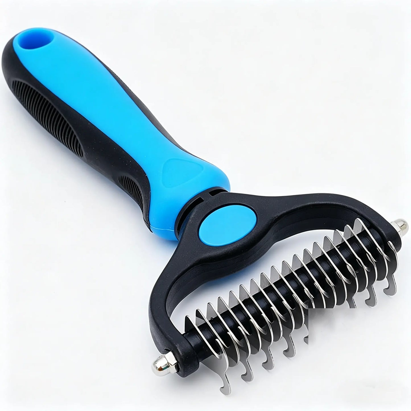 Double-Sided Pet Detangling Comb and Grooming Brush for Dogs and Cats with One-Click Undercoat Rake for Shedding Mats