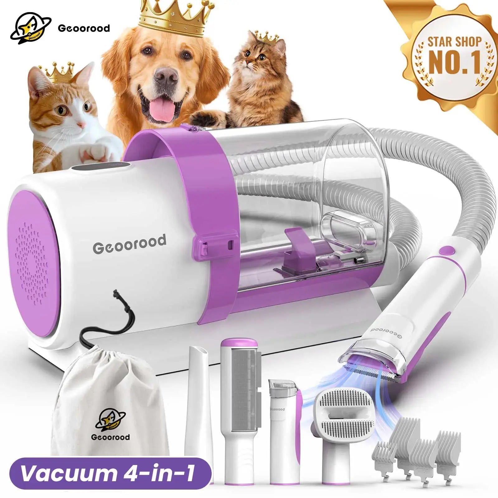 Geoorood All-In-One Dog Grooming Kit with Vacuum Brush - 2.5L Capacity, Stainless Steel Blades, Lightweight Design, 13Kpa Suction Force, Portable Cleaning Set