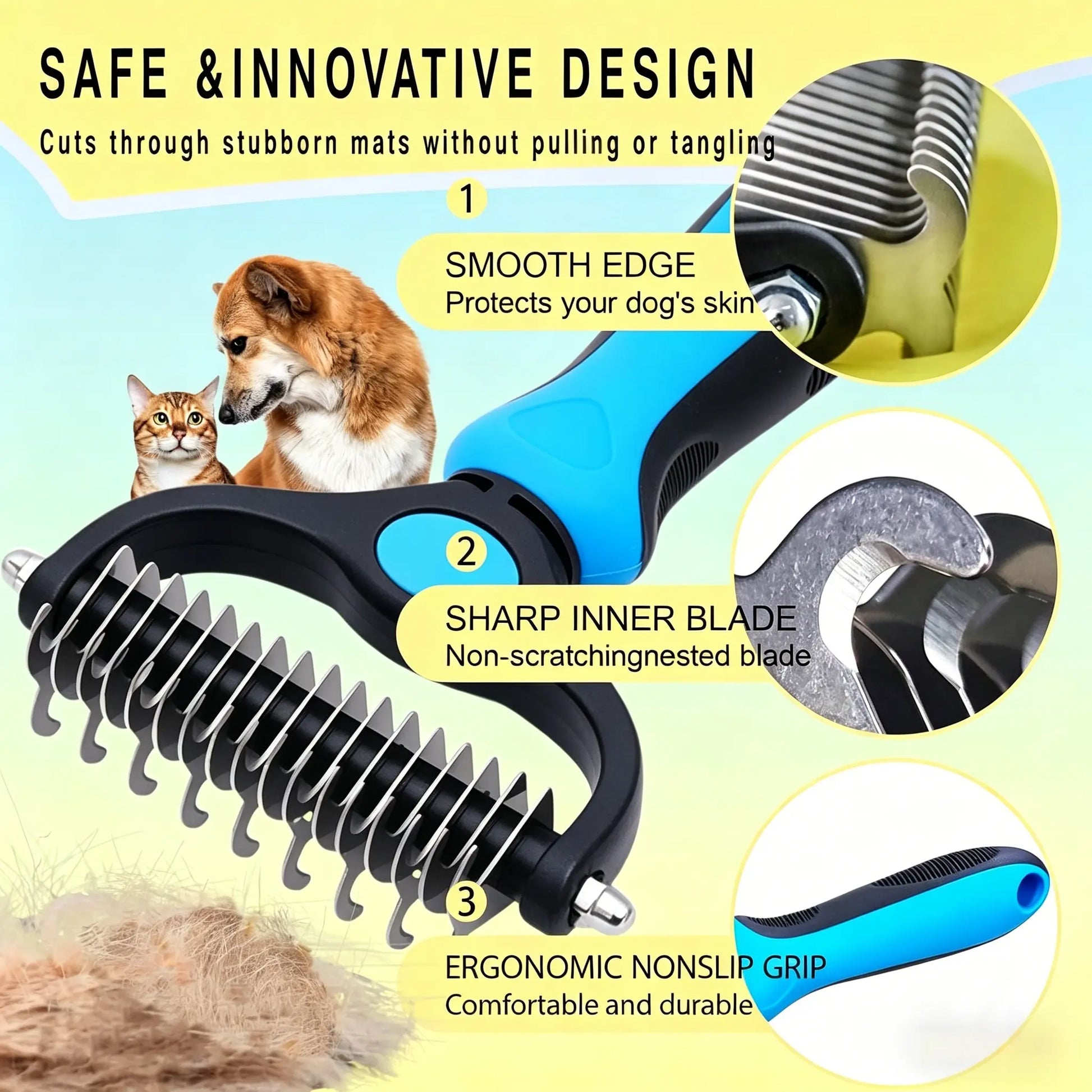 Double-Sided Pet Detangling Comb and Grooming Brush for Dogs and Cats with One-Click Undercoat Rake for Shedding Mats
