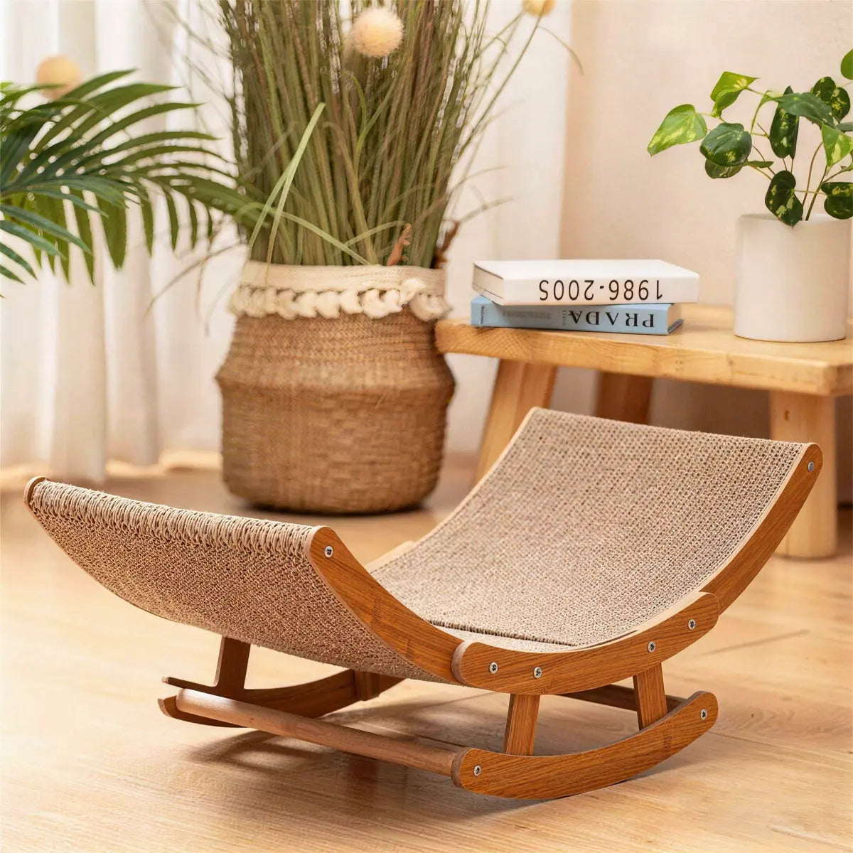 Aesthetic Boho Rocking Cat Scratcher Bed for Indoor Cats, Curved Cat Scratcher Lounge Chair with Solid Wood Frame, 2‑In‑1 Scratching & Rocking Function,Calming Anti-Anxiety Cat Rocker Chair,Non-Shedding, Comfy Cat Bed for Medium Large Cats Kittens