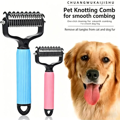 Double-Sided Pet Detangling Comb and Grooming Brush for Dogs and Cats with One-Click Undercoat Rake for Shedding Mats