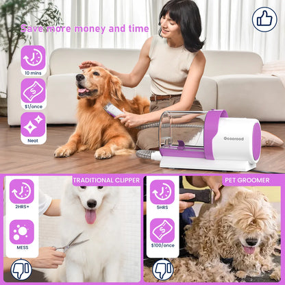 Geoorood All-In-One Dog Grooming Kit with Vacuum Brush - 2.5L Capacity, Stainless Steel Blades, Lightweight Design, 13Kpa Suction Force, Portable Cleaning Set