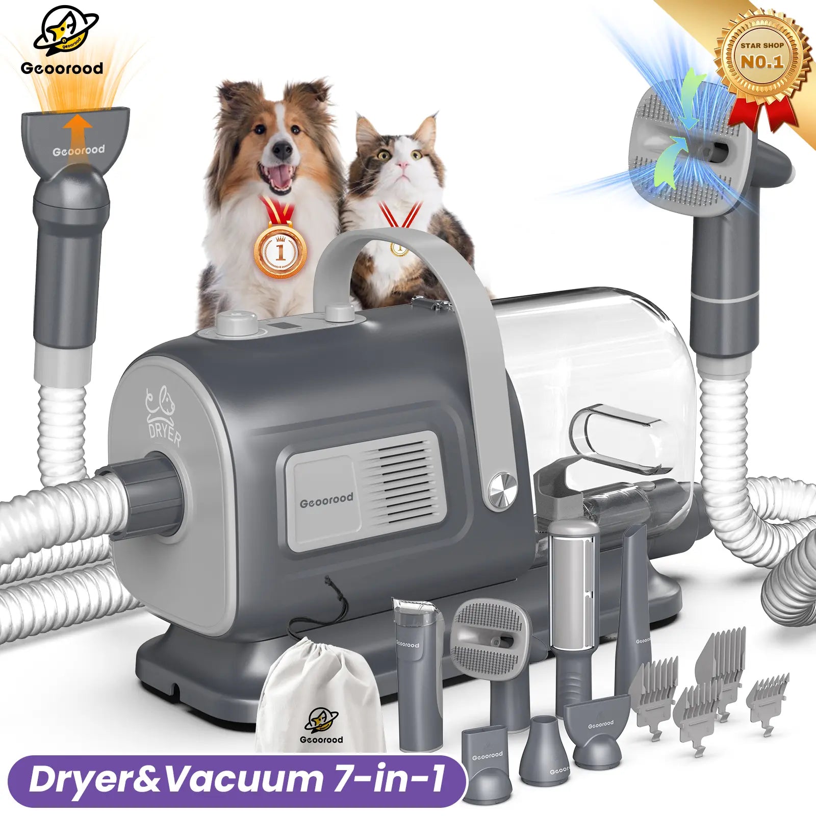 Geoorood All-In-One Dog Grooming Kit with Vacuum Brush - 2.5L Capacity, Stainless Steel Blades, Lightweight Design, 13Kpa Suction Force, Portable Cleaning Set