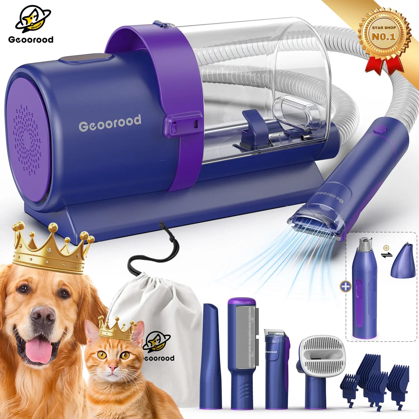 Geoorood All-In-One Dog Grooming Kit with Vacuum Brush - 2.5L Capacity, Stainless Steel Blades, Lightweight Design, 13Kpa Suction Force, Portable Cleaning Set