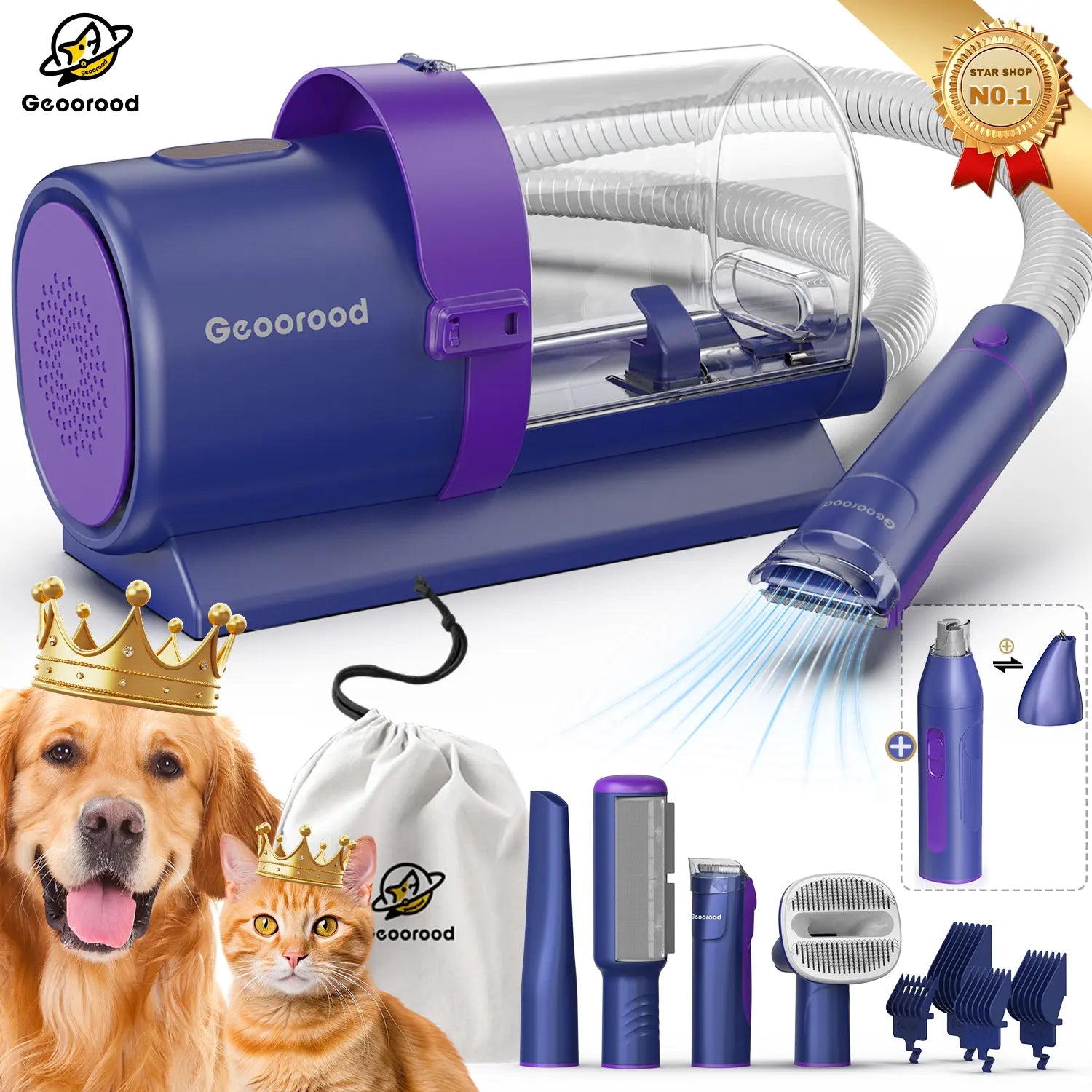 Geoorood All-In-One Dog Grooming Kit with Vacuum Brush - 2.5L Capacity, Stainless Steel Blades, Lightweight Design, 13Kpa Suction Force, Portable Cleaning Set