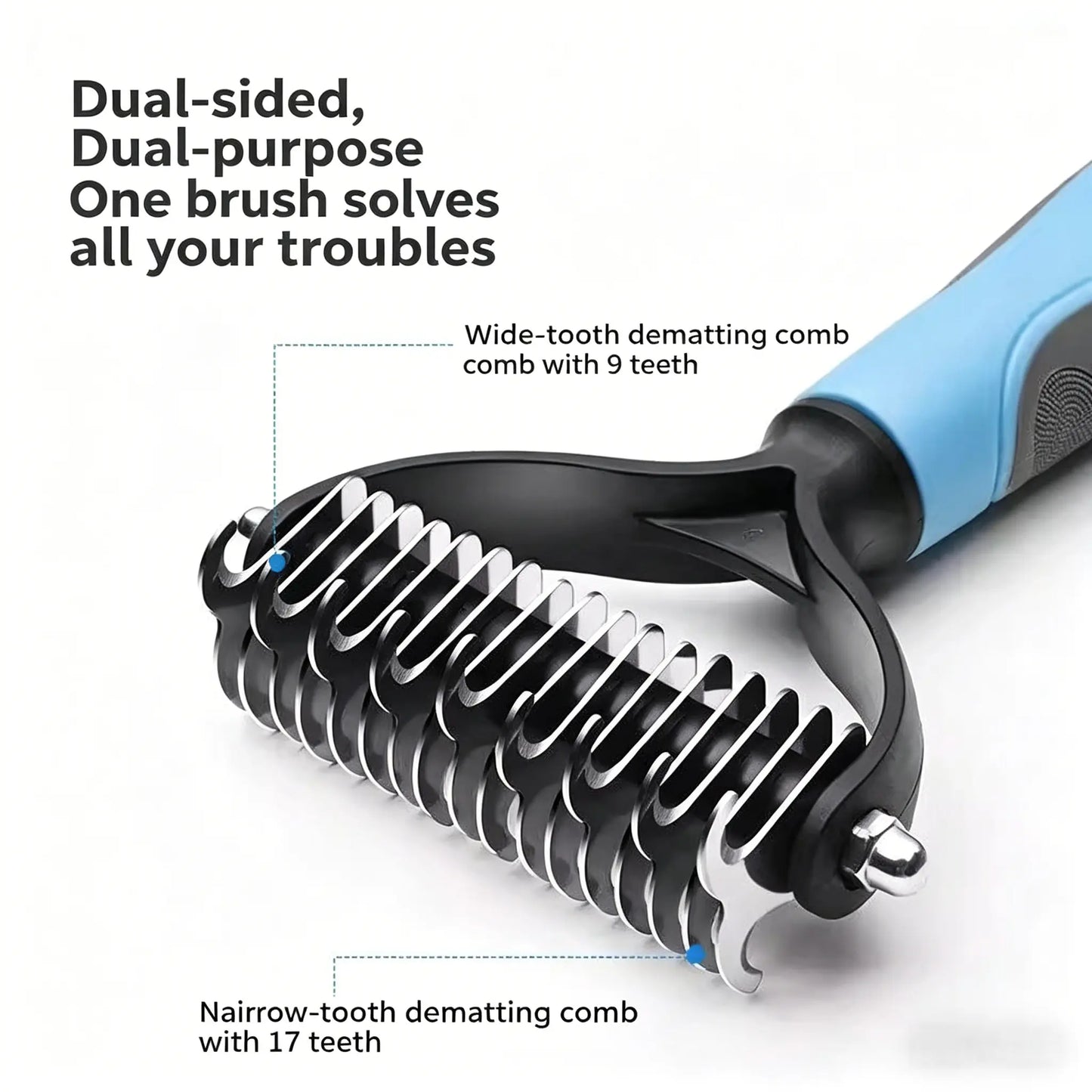 Double-Sided Pet Detangling Comb and Grooming Brush for Dogs and Cats with One-Click Undercoat Rake for Shedding Mats