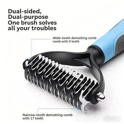 Double-Sided Pet Detangling Comb and Grooming Brush for Dogs and Cats with One-Click Undercoat Rake for Shedding Mats