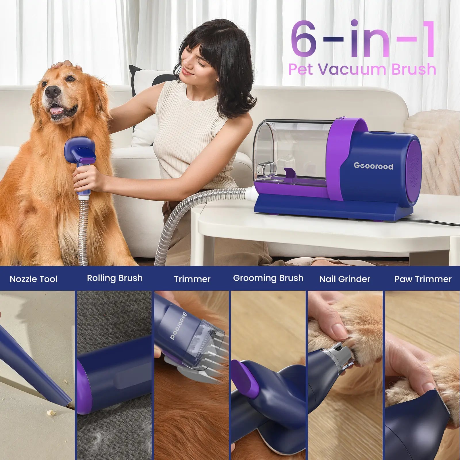 Geoorood All-In-One Dog Grooming Kit with Vacuum Brush - 2.5L Capacity, Stainless Steel Blades, Lightweight Design, 13Kpa Suction Force, Portable Cleaning Set