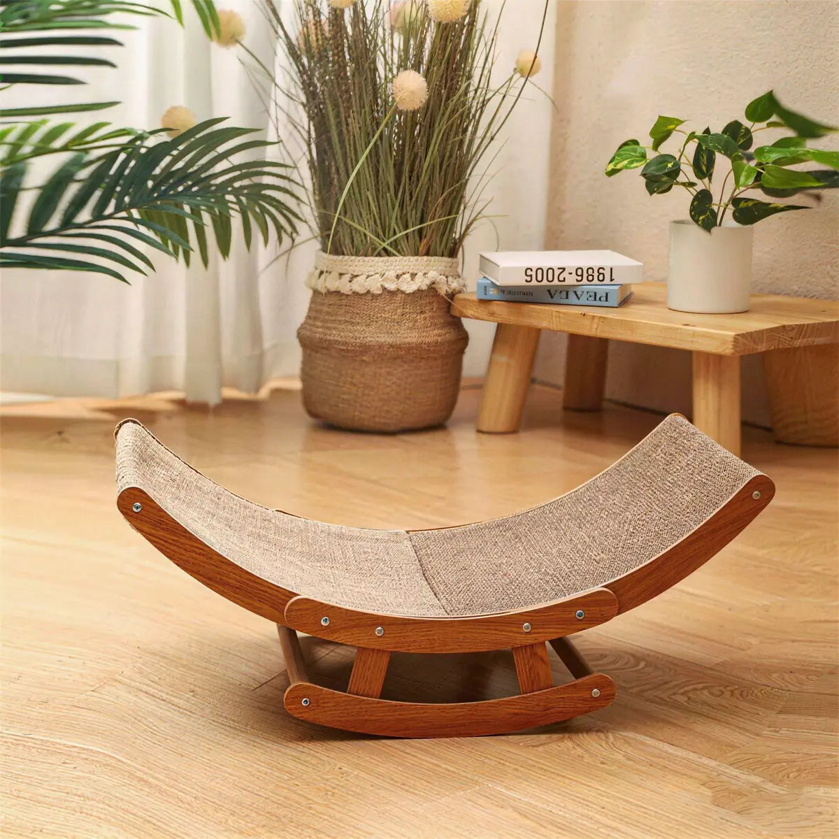Aesthetic Boho Rocking Cat Scratcher Bed for Indoor Cats, Curved Cat Scratcher Lounge Chair with Solid Wood Frame, 2‑In‑1 Scratching & Rocking Function,Calming Anti-Anxiety Cat Rocker Chair,Non-Shedding, Comfy Cat Bed for Medium Large Cats Kittens