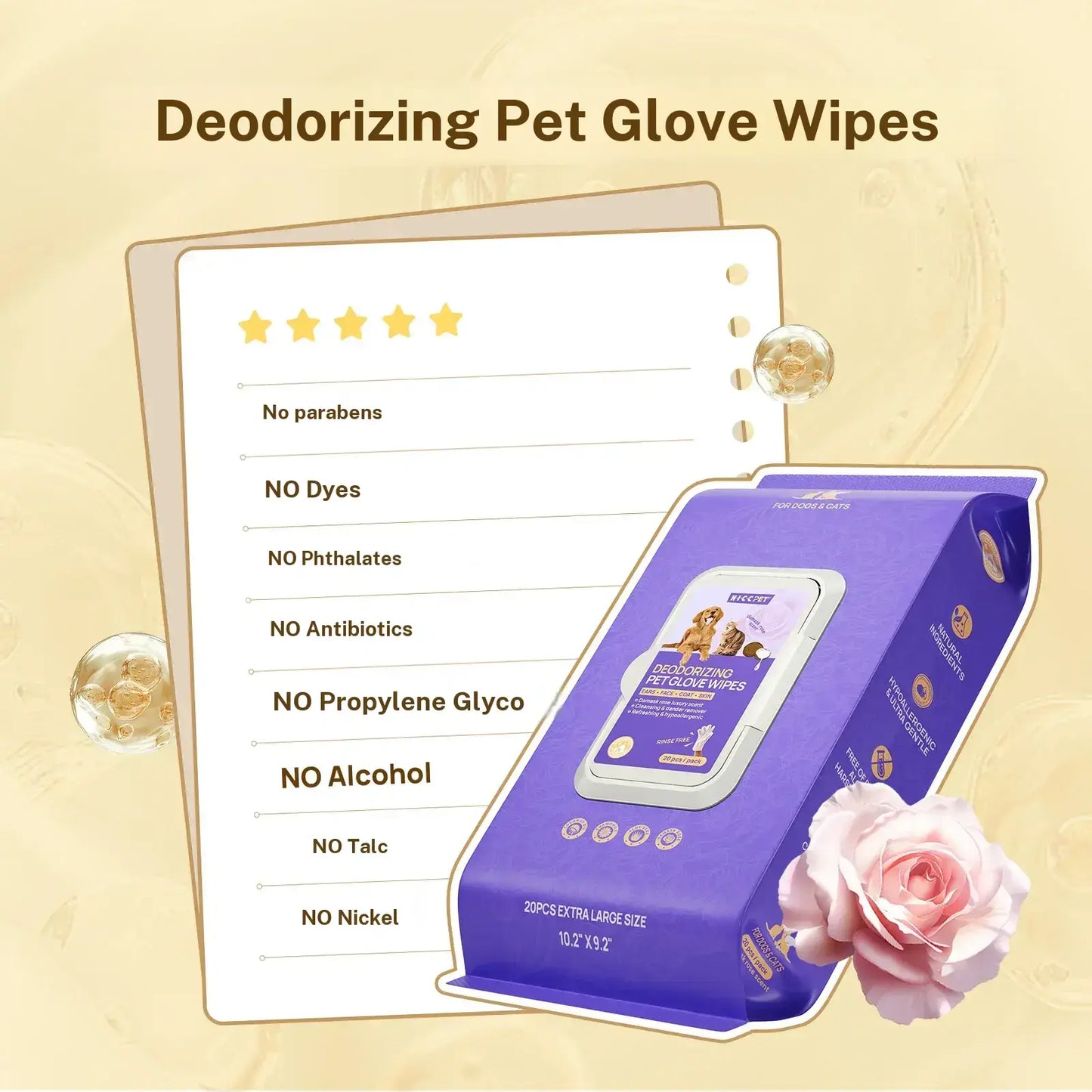 Dog Grooming Wipes (20 Count) HICC PET Natural Hypoallergenic Disposable Dog Grooming Wipes (20 Count) - No-Rinse, Mess-Free Solution with Fermented Oils for Hair Removal, Deodorizing, Skin Moisture, and Paw Care, Ideal for Outdoor Use