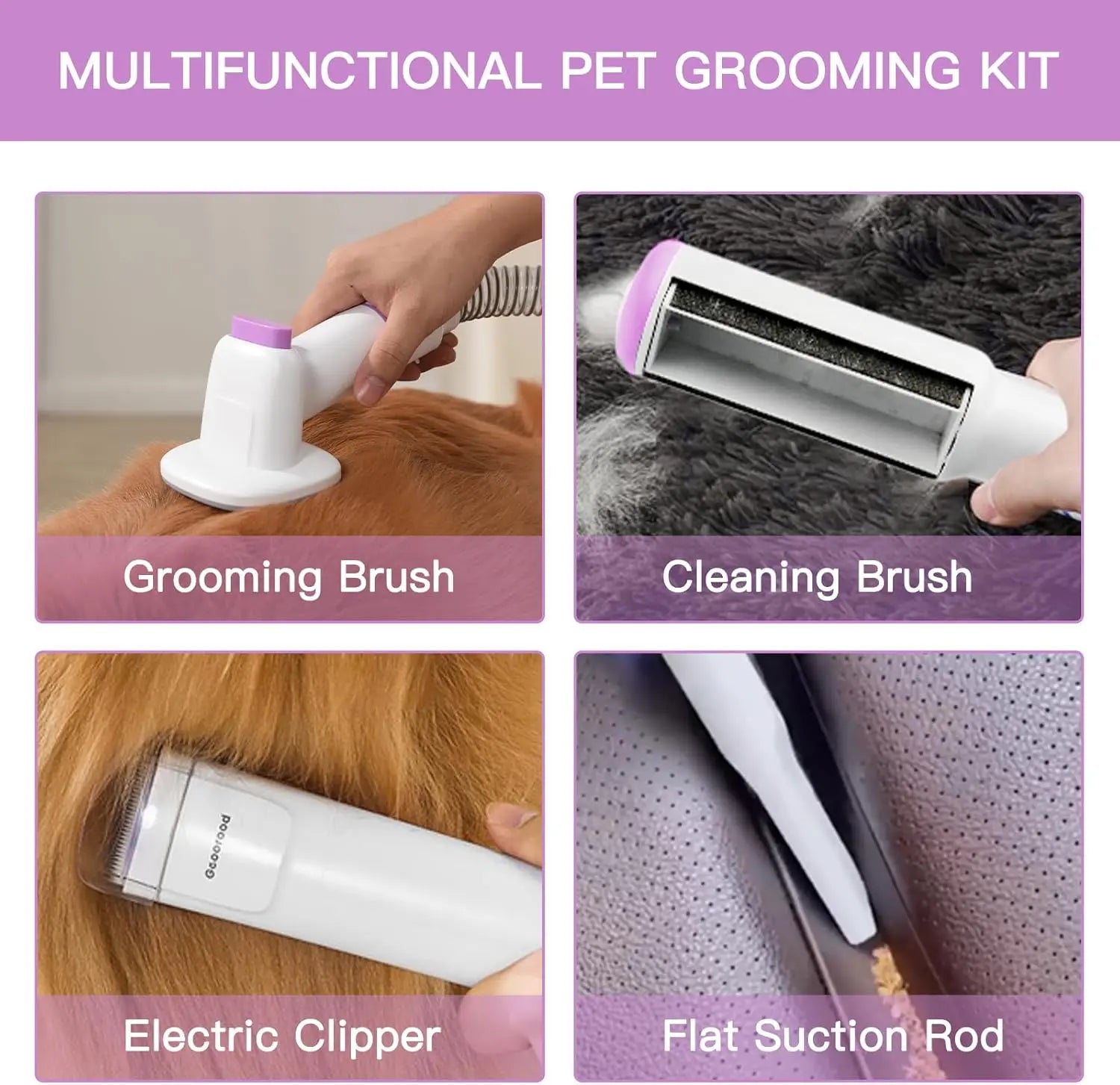 Geoorood All-In-One Dog Grooming Kit with Vacuum Brush - 2.5L Capacity, Stainless Steel Blades, Lightweight Design, 13Kpa Suction Force, Portable Cleaning Set
