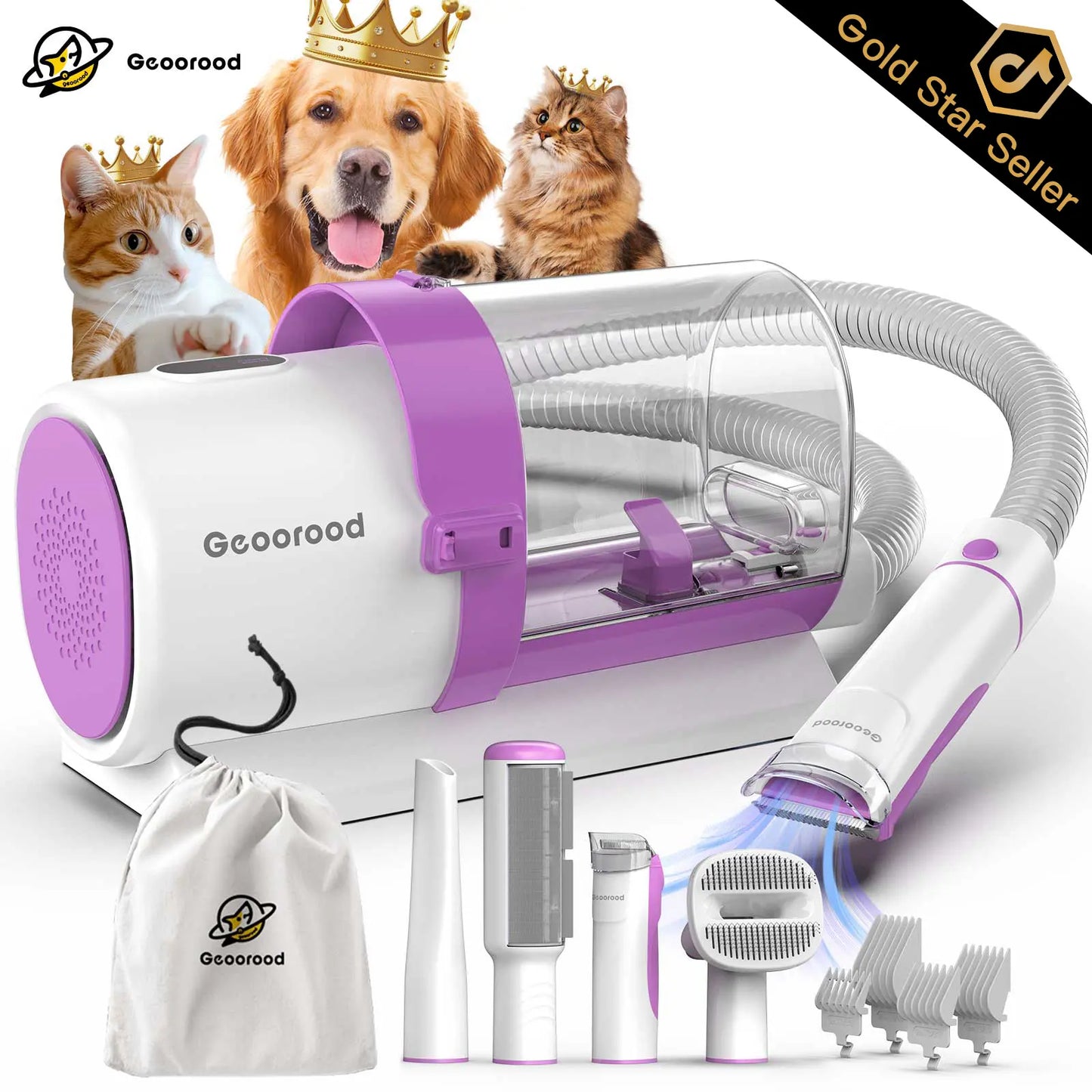 Geoorood All-In-One Dog Grooming Kit with Vacuum Brush - 2.5L Capacity, Stainless Steel Blades, Lightweight Design, 13Kpa Suction Force, Portable Cleaning Set